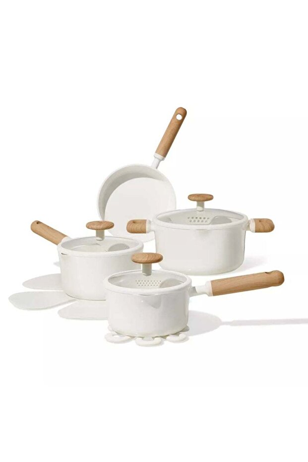 11-Piece Ceramic Nonstick Cookware Set, PFAS-Free Healthy Cooking, Dual-size Strainer Lids (Cream)