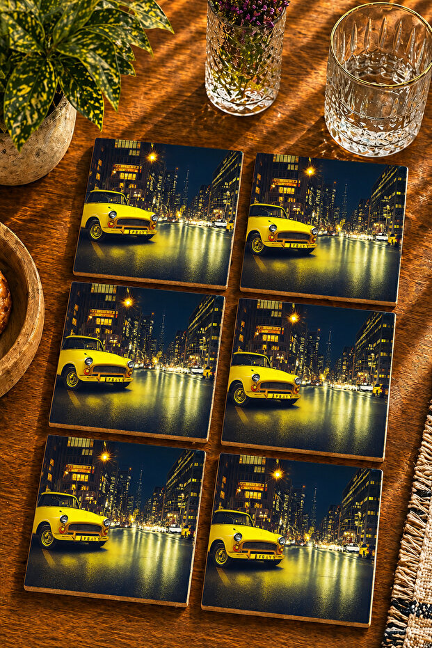 Classic Car and Night City Modern Set of 6 Coasters - Uv Printing Mdf - 10X10 cm