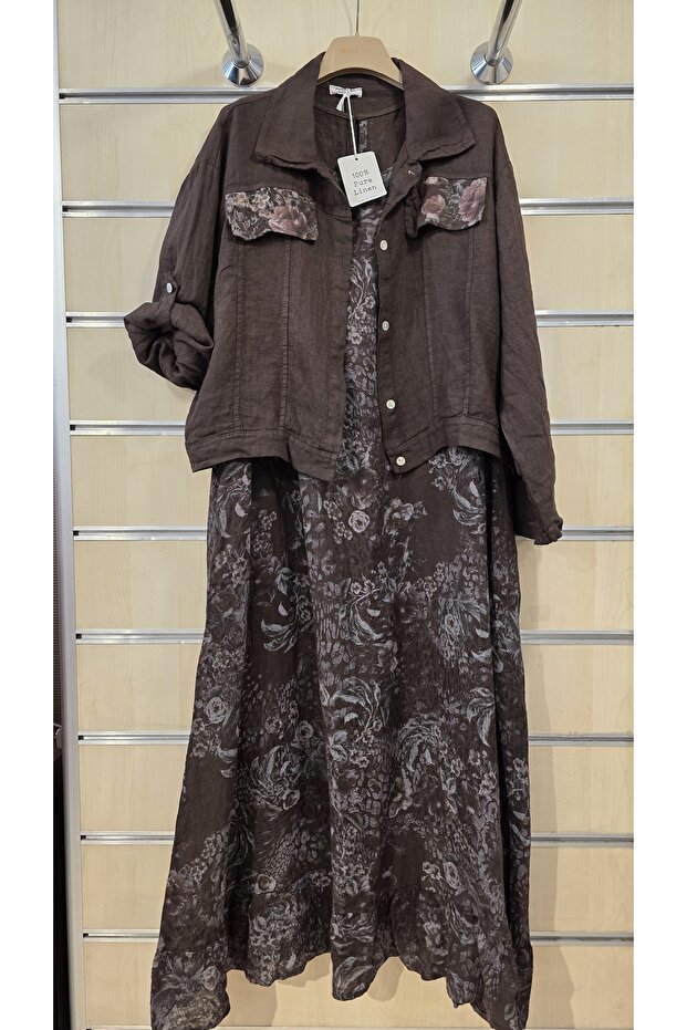 فستان من الكتان الإيطالي بدون أكمام من الداخل مع تصميم زهور وجاكيت