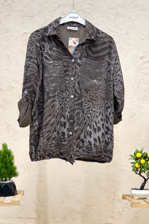Batik Leopard Pattern Sequin Detailed Voile Shirt