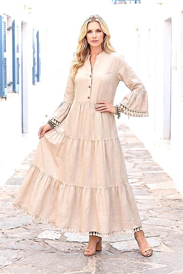 Cream Tasseled Long Linen Dress