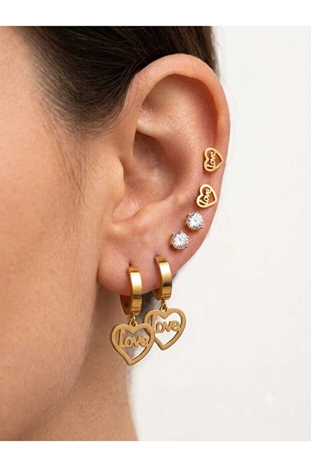 Love Detail Design Steel Multiple Earring Set