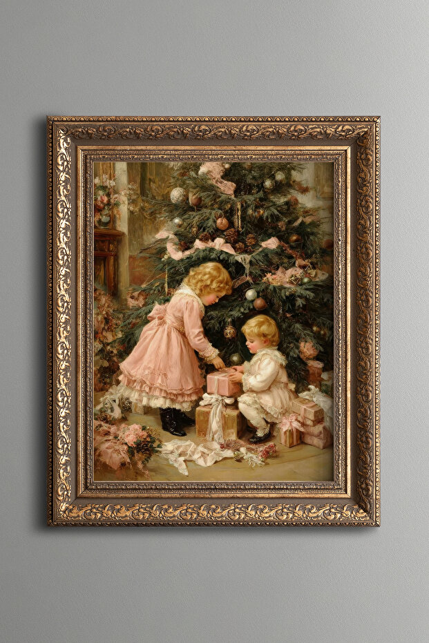 Children and Christmas Gifts – Vintage Patterned Painting – Thick Model