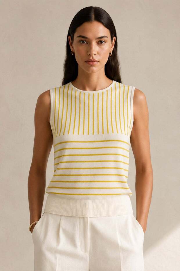 Mustard Crew Neck 100% Cotton Women's Sleeveless Striped Knitwear Blouse