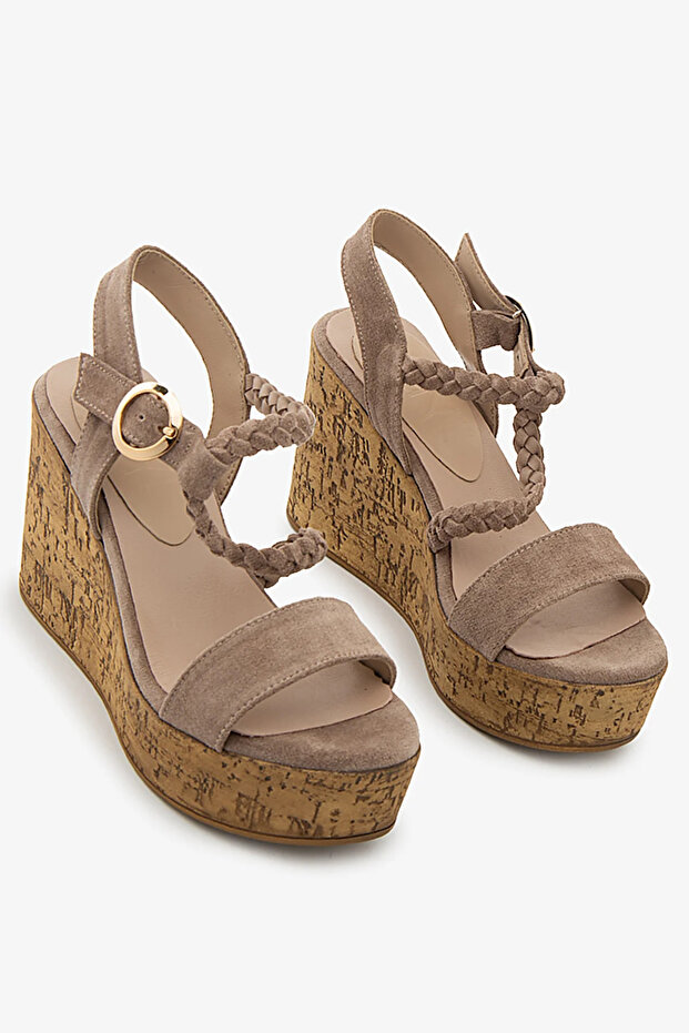 Mink Suede Genuine Leather Wedge Heeled Women's Sandals with Knitted Straps