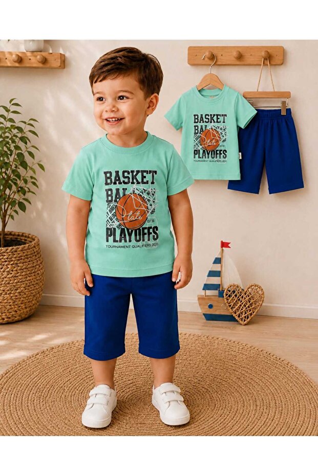 طقم صيفي مكون من قطعتين للأولاد مطبوع عليه كرة السلة