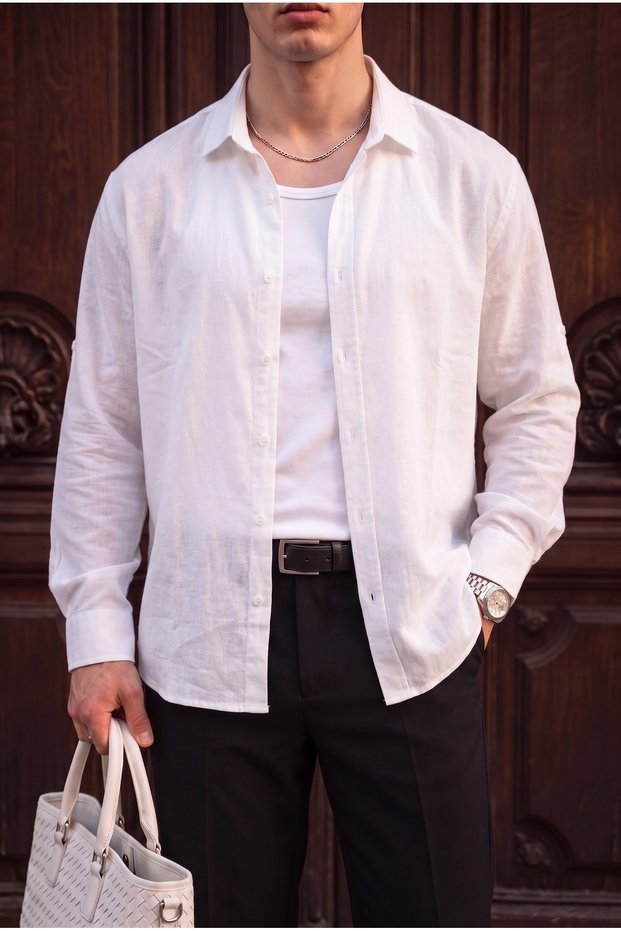Lisbon Men's White Colored Half Oversize Linen Shirt