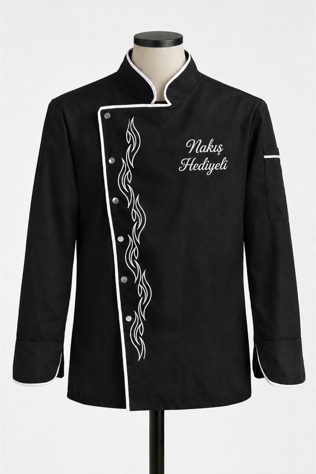 Professional Chef Jacket Cook Uniform - Black Chef Jacket with Red Flame Embroidery Motif, Embroidery Gift