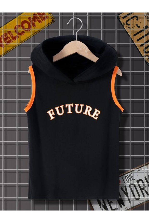 Future Printed Hooded Black Orange Children's Cotton T-Shirt