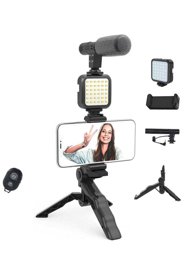 Vlogging Live Streaming Kit With Microphone Tripod Black
