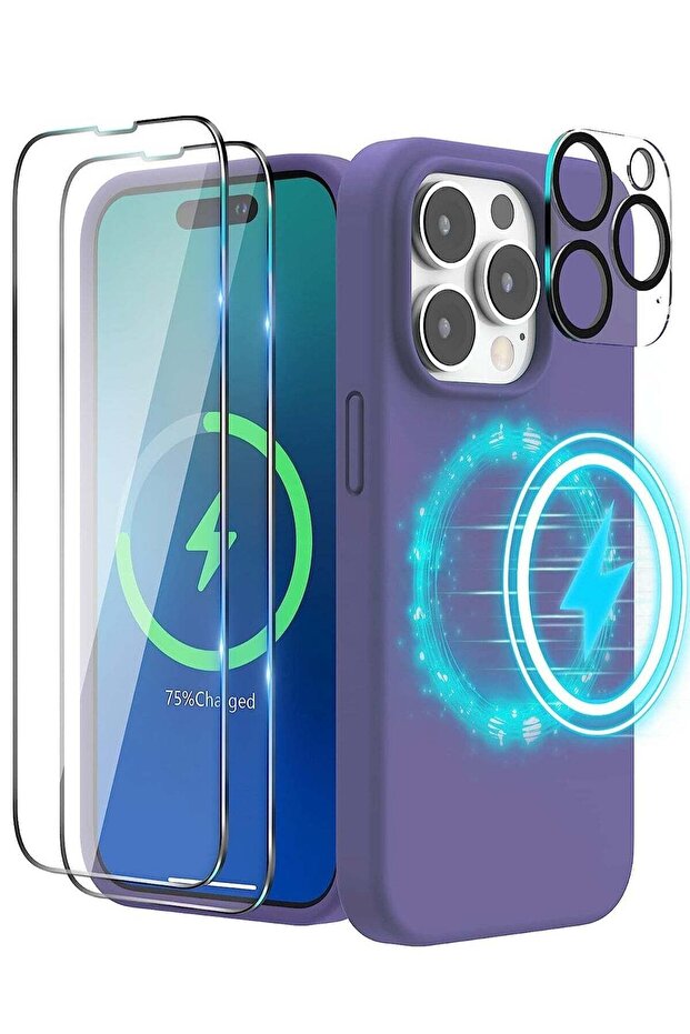 4 in 1 iPhone 14 Pro MAX Case (6.7 inch 2022), MagSafe, 2 Screen + 1 Camera Protector, Silicone, Purple