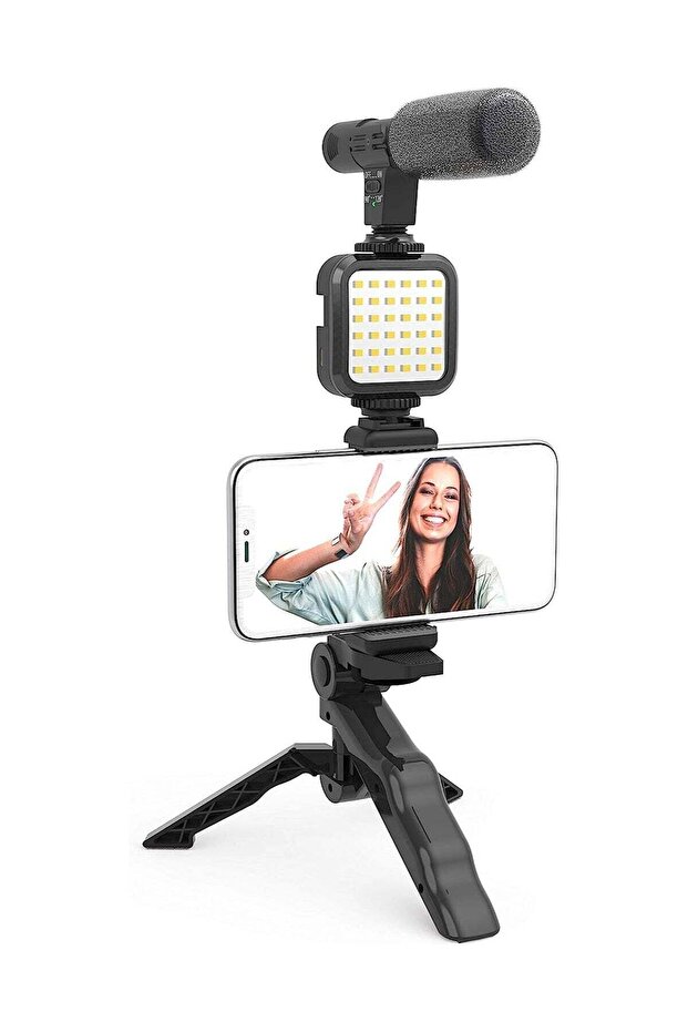 LED Video Light + Microphone + Mobile Phone Holder + Hand Grip/Mini Tripod for Smartphones
