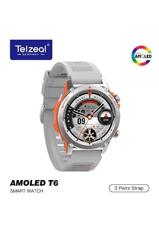 AMOLED T6 Smartwatch With AMOLED Display 30M Waterproof 2 Pair Straps and Magnetic Charger Designed for Men Silver