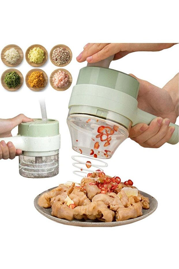 Mini Electric Garlic Chopper, 4 In 1 Handheld Electric Vegetable Cutter Set, with Brush, for Garlic Pepper Chili Onion Celery Ginger Meat