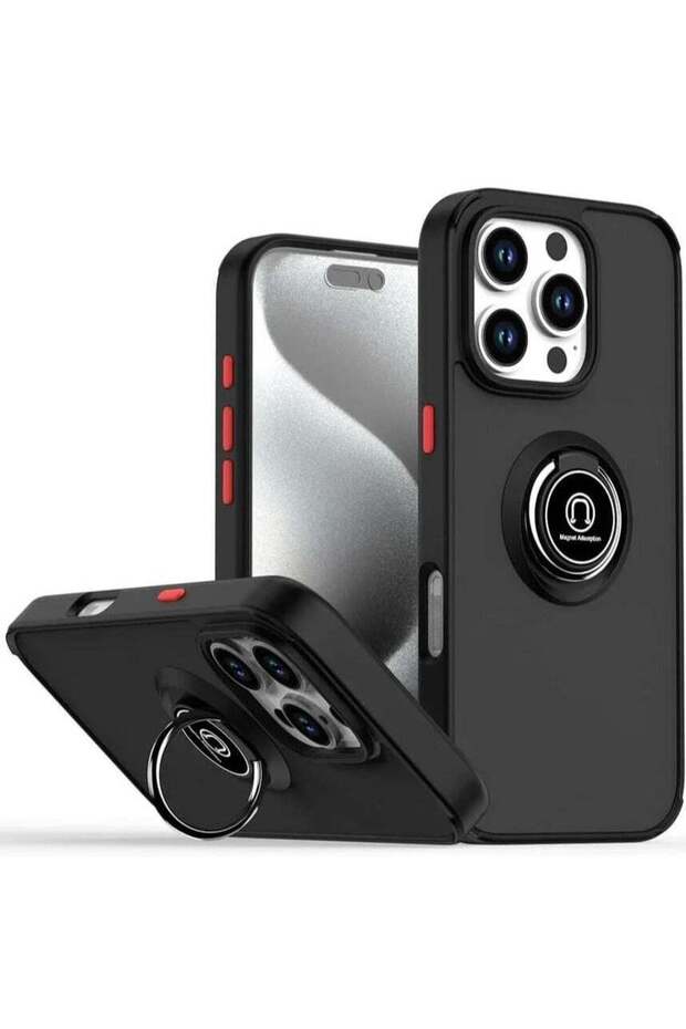 iPhone 16 Pro Max Case – Black Matte Shockproof Bumper with Metal Ring Holder Kickstand & Magnetic Car Mount