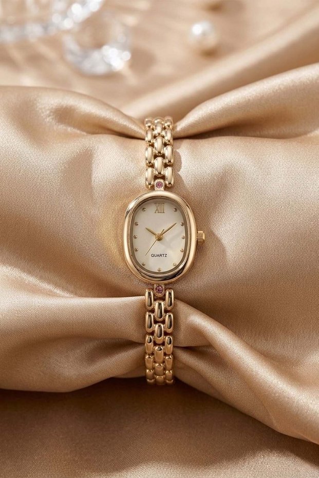 Aderra Women's Gold Steel Bracelet Watch Dial Oval Case Stone Detailed Vintage Old Money Luxury Elegant Women's Wristwatch 2026