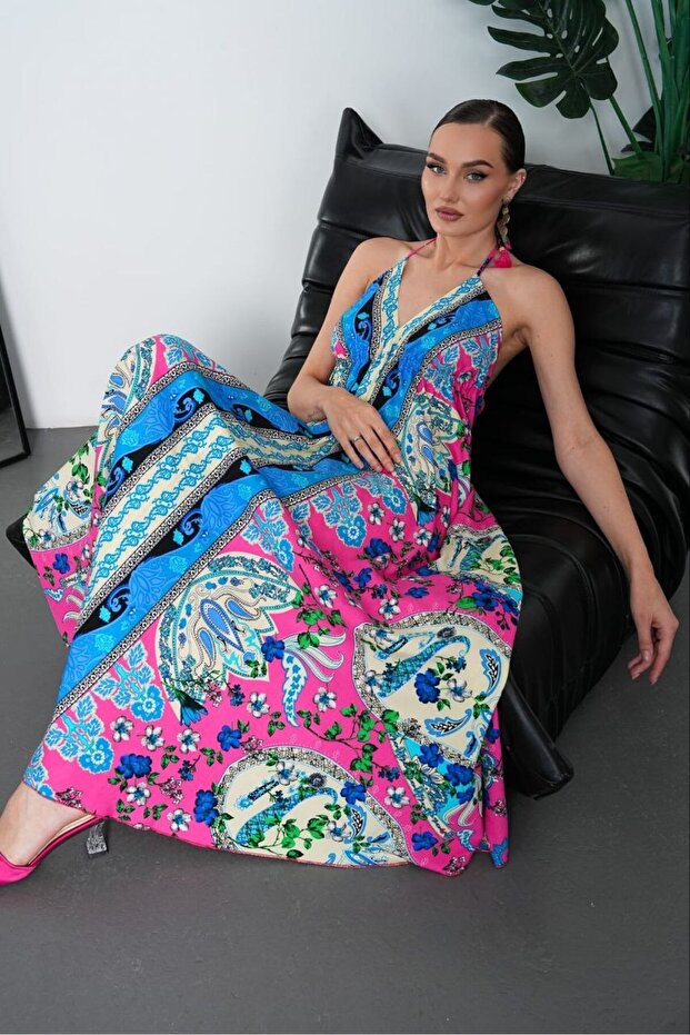 Ethnic Patterned Backless Slit Long Dress - 2