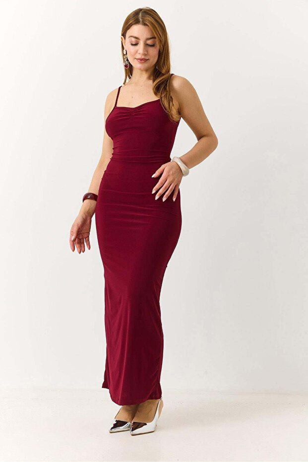 Women's Decolteli Gathered Strap Sandy Fabric Dress Burgundy