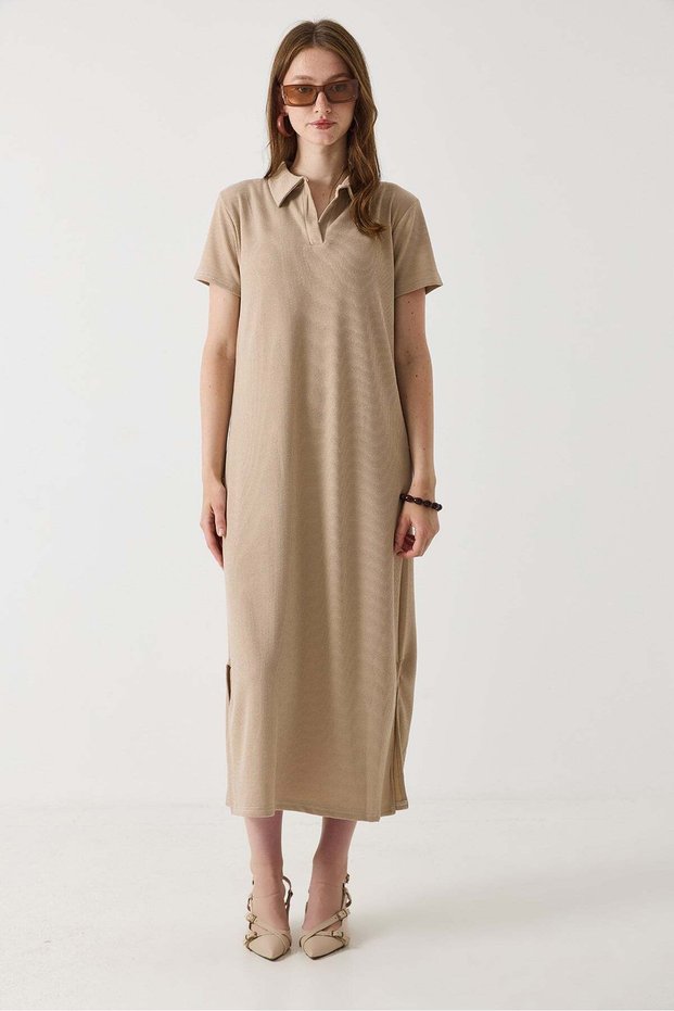 Women's Polo Collar Long Dress with Mini Slits on the Sides Mink