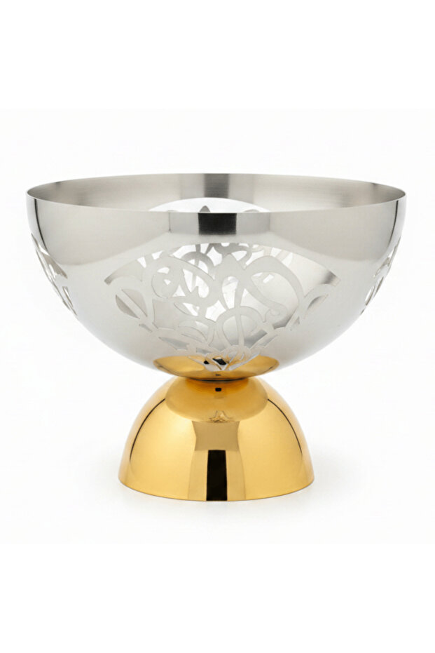 Silver & Gold Stainless Steel Footed Candy Bowl | 25×20 cm | Etched Floral Design