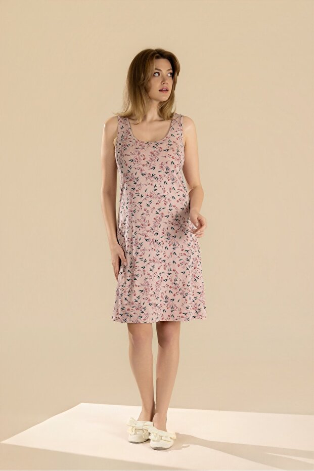 Women's Viscose Floral Patterned Thick Strap Home Dress 9300 Powder