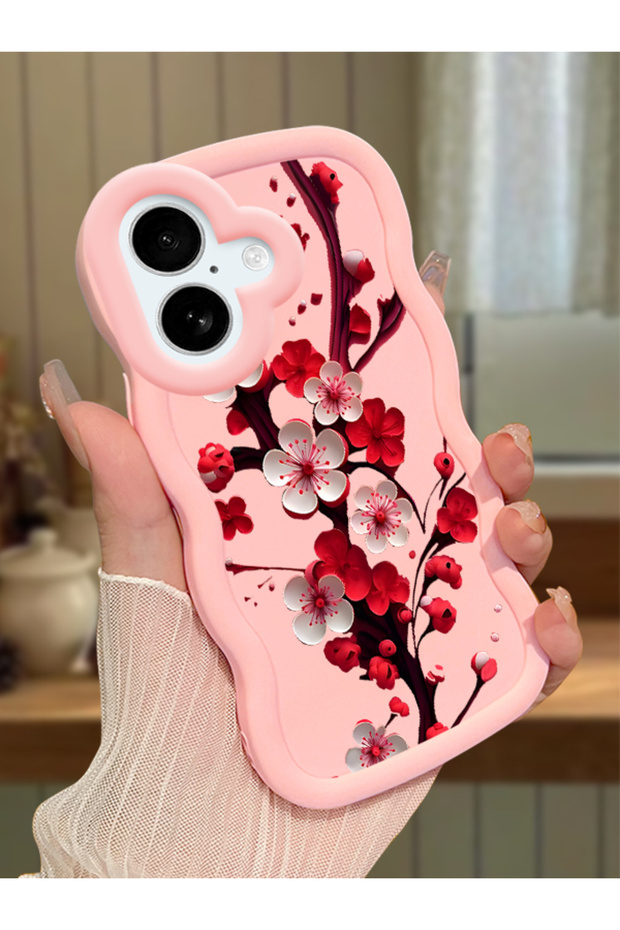 iPhone 16 Plus Compatible Case with Camera Protection Pink Silicone Couple Phone Case with Floral Pattern
