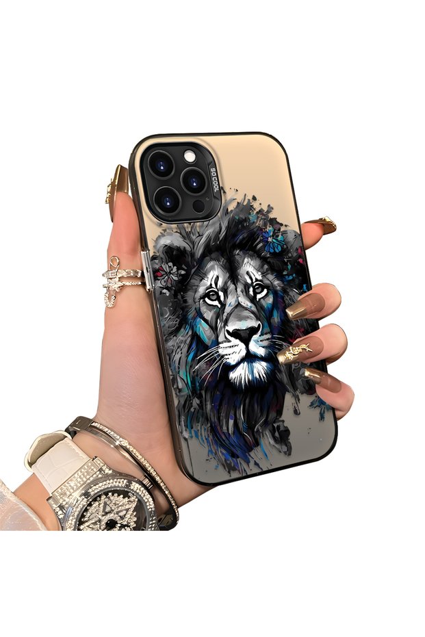 حافظة هاتف متوافقة مع هاتف iPhone 13 Pro Max مصنوعة من السيليكون بحافة صلبة وخلفية صلبة بنمط الأسد
