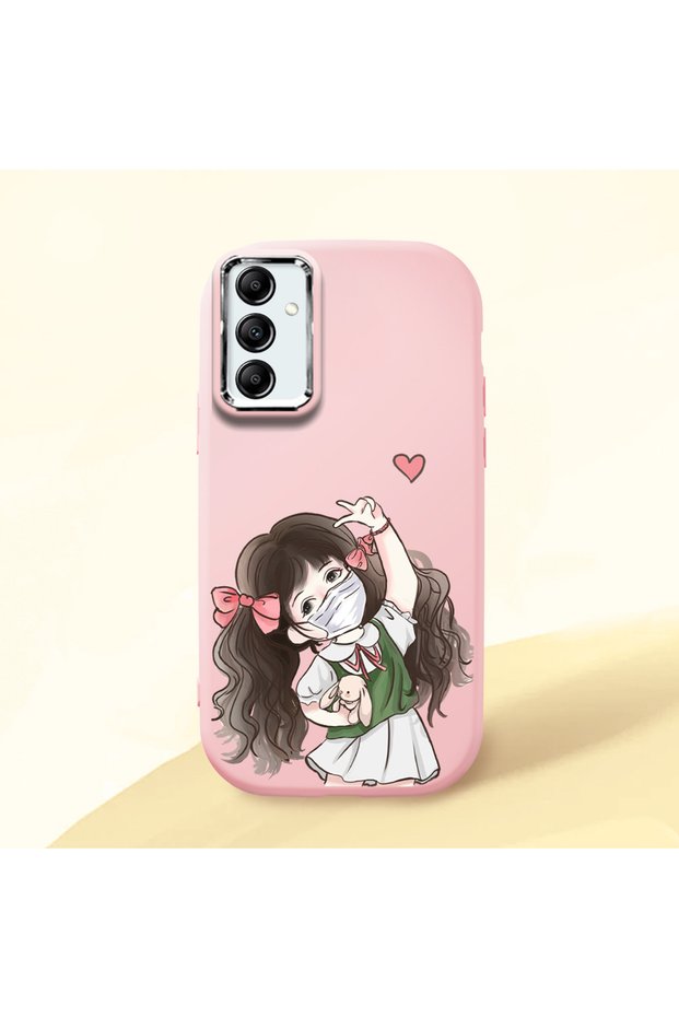Samsung Galaxy A14 Compatible Case Camera Protector Pink Silicone Couple Phone Case Girl Patterned