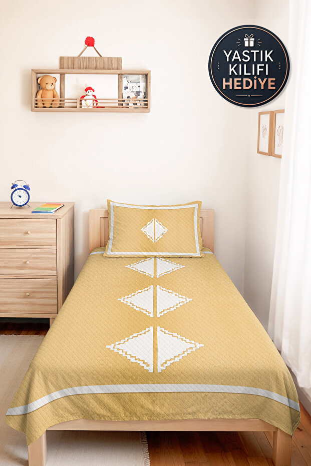 Yellow Geometric Modern Single Duvet Set - White Minimal 160X220 cm Quilted Bedspread