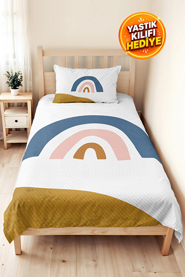 Rainbow Blue Pastel Children's Room Single Pique Set - Modern Mustard 160X220 cm Bedspread