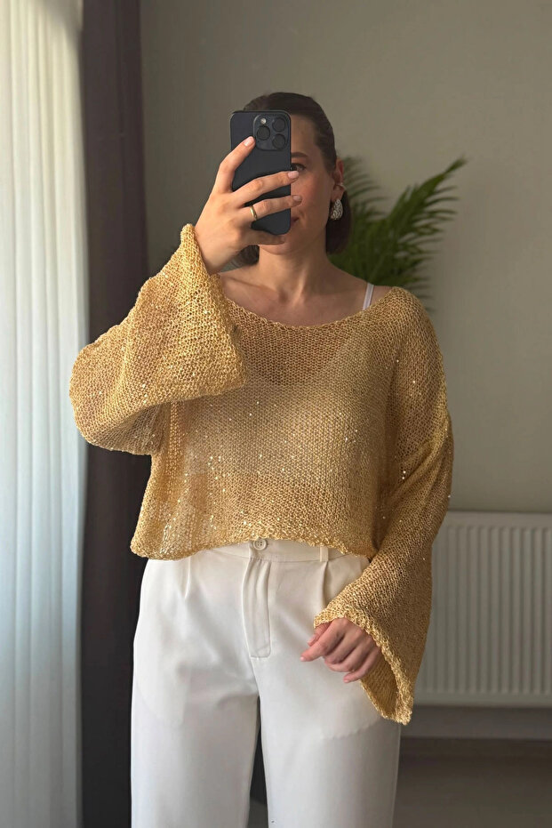 Sequined Openwork Knit Boat Neck Yellow Crop Blouse