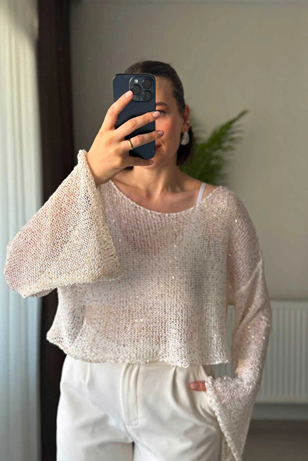 Sequined Openwork Knit Boat Neck Ecru Crop Blouse