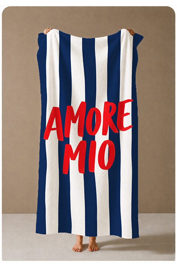 Navy Blue Stripe Red Text Patterned 70X150 Beach Towel