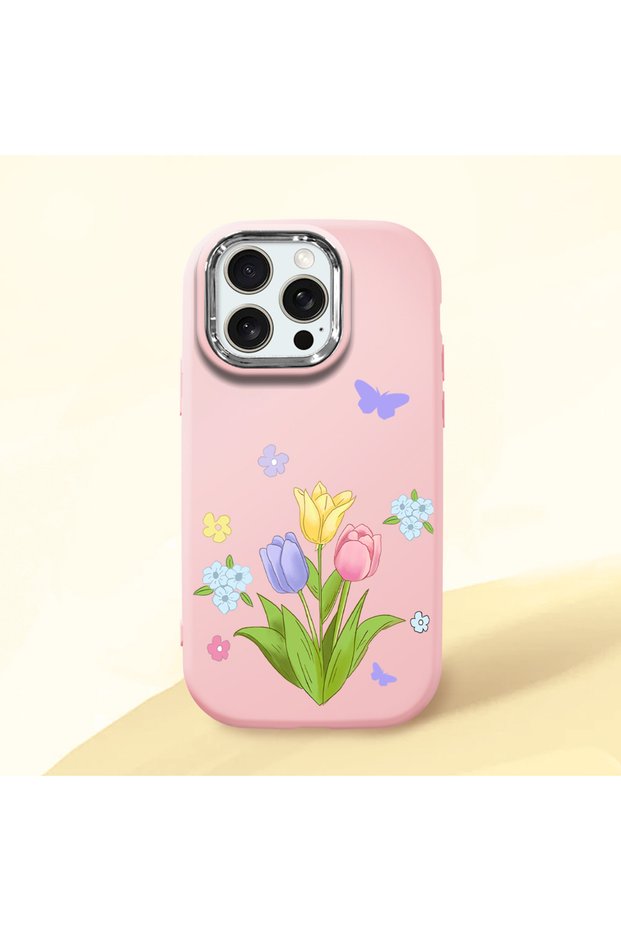 iPhone 15 Pro Max Compatible Case with Camera Protector Pink Silicone Couple Phone Case with Floral Pattern