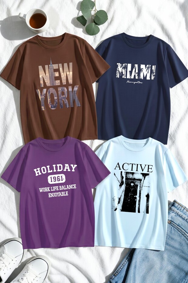 Unisex Mixed Print T-Shirt Set – 4-Pack Crew Neck Casual T-Shirts