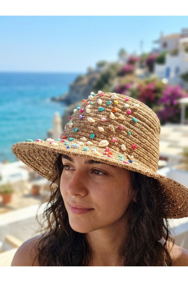 Women's Straw Beach Hat - Large Brim Sun Hat with Natural Seashell and Colorful Stone Detail