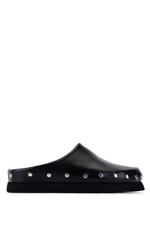 Women's Genuine Leather Black Flat Slippers