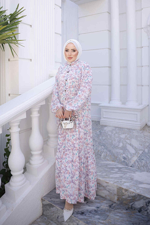 Lilac Half-Buttoned Layered Viscose Dress with Elastic Sleeves