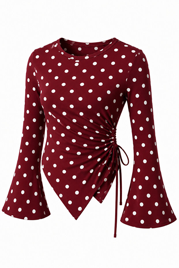 Polka Dot Round Neck Drape Detailed Spanish Sleeve Hijab Matching Top Blouse