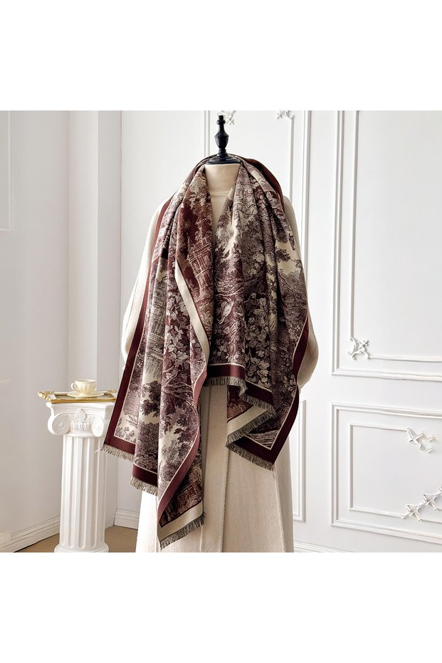 Brown New Retro style Cashmere Women's Castle Print Double sided Scarf Winter warm Pashmina Shawl, B