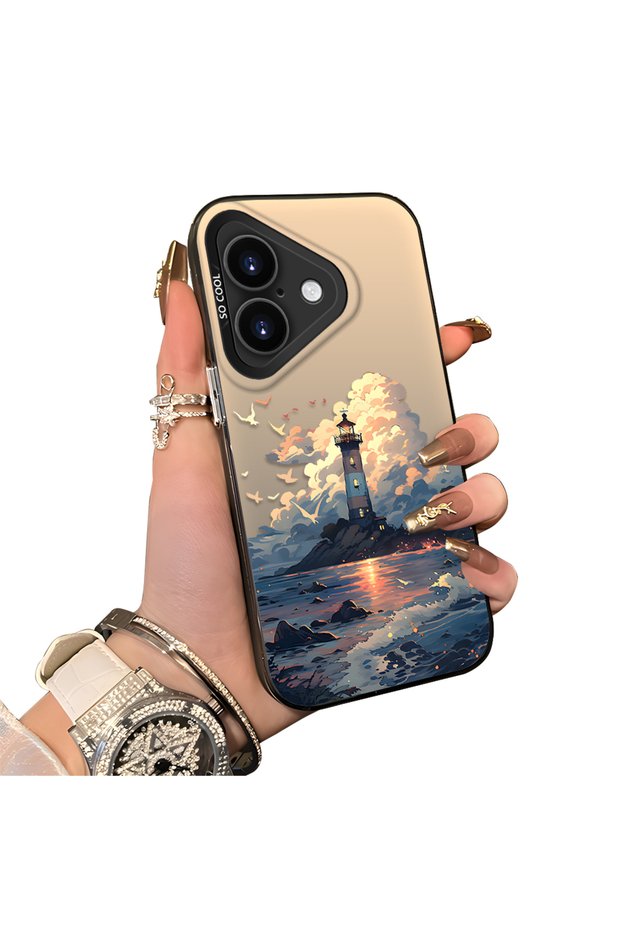 حافظة هاتف متوافقة مع iPhone 16 Plus مصنوعة من السيليكون بحافة صلبة وخلفية صلبة بنمط برج