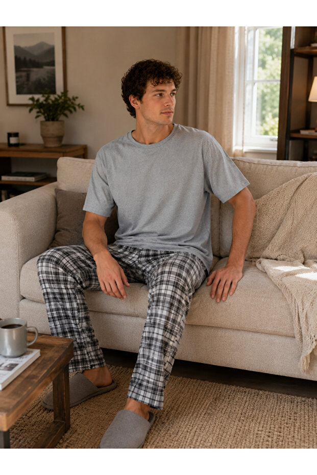 Men's Gray Plaid Patterned Cotton Combed Cotton Pajama Set