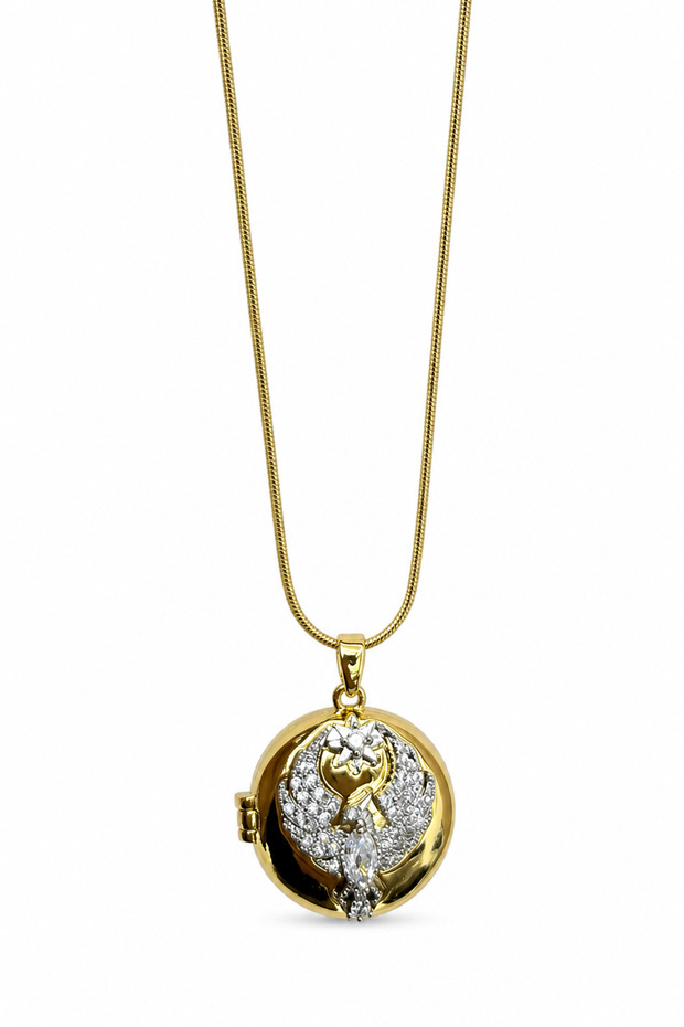 Yellow Color Stone Angel Wing Patterned Openable Steel Pendant and Snake Chain