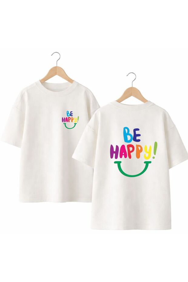 Be Happy Back and Front Chest Printed 100% Cotton Oversize Loose Regular Fit Crew Neck T-Shirt