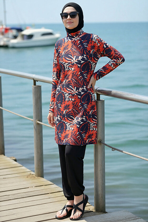 2-Piece Set (with Bonnet Gift) Half Fisherman Low Shoulder Lycra Fabric Burkini Hijab Swimsuit D41