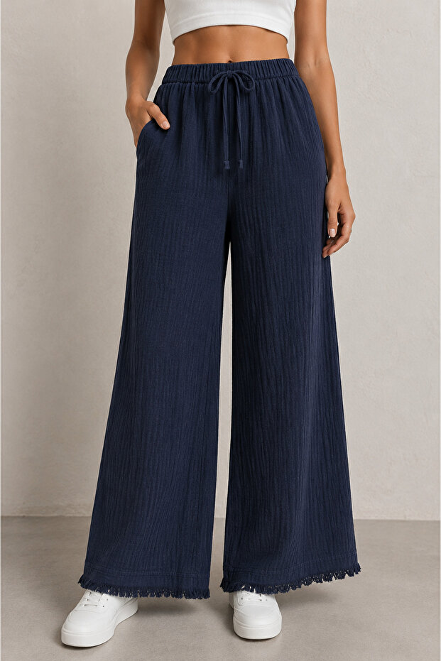 Women's Muslin Casual Pants - Elastic Waist - Wide Legs