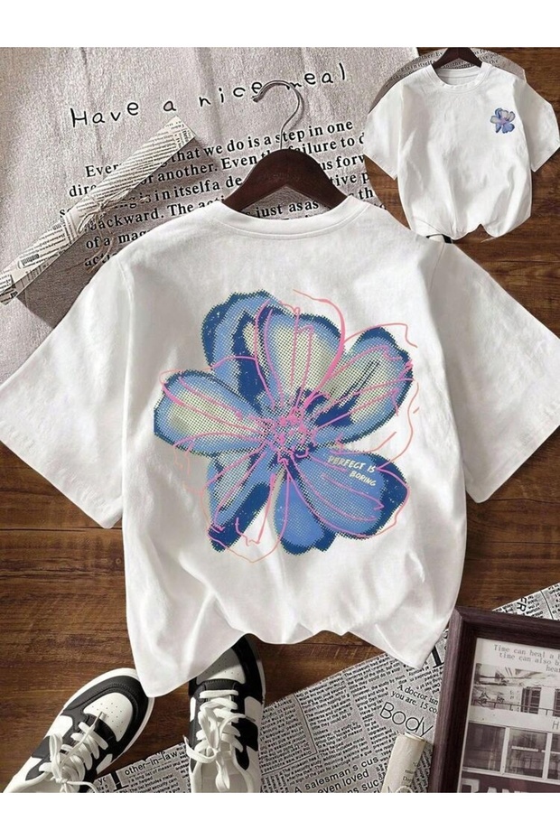 Floral Printed White Oversize Unisex T-Shirt Basic Comfortable Fit Daily Tshirt