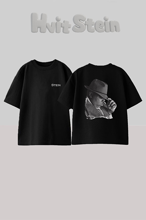 تي شيرت Notorious BIG Design مطبوع من الخلف مصنوع من القطن باللون الأسود مقاس كبير