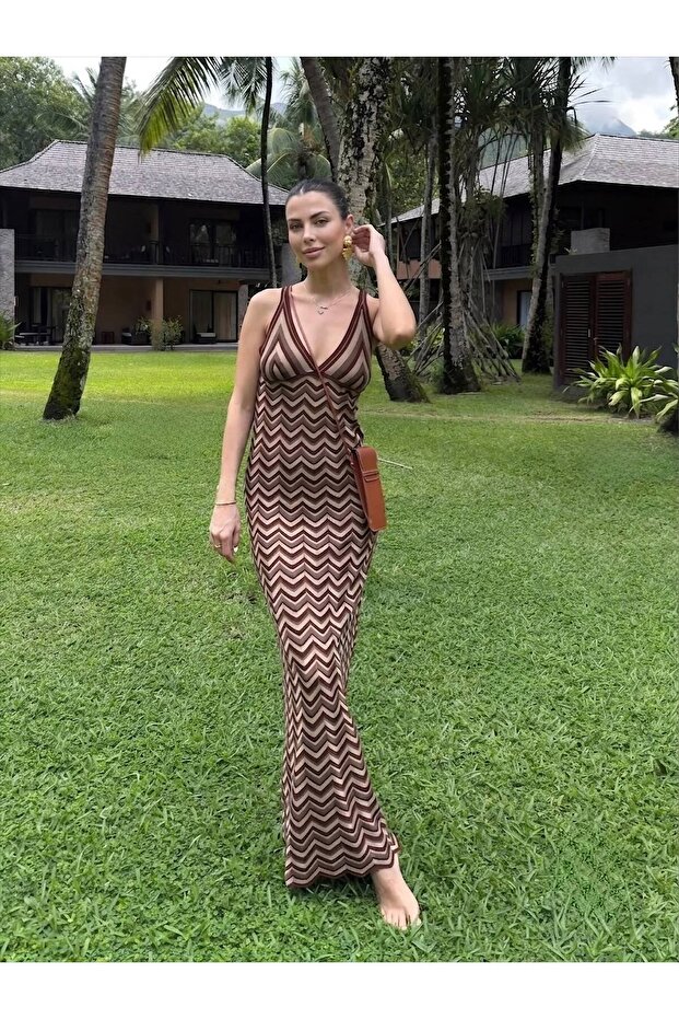 Brown Zigzag Model Long Beach Dress - 2Y7247