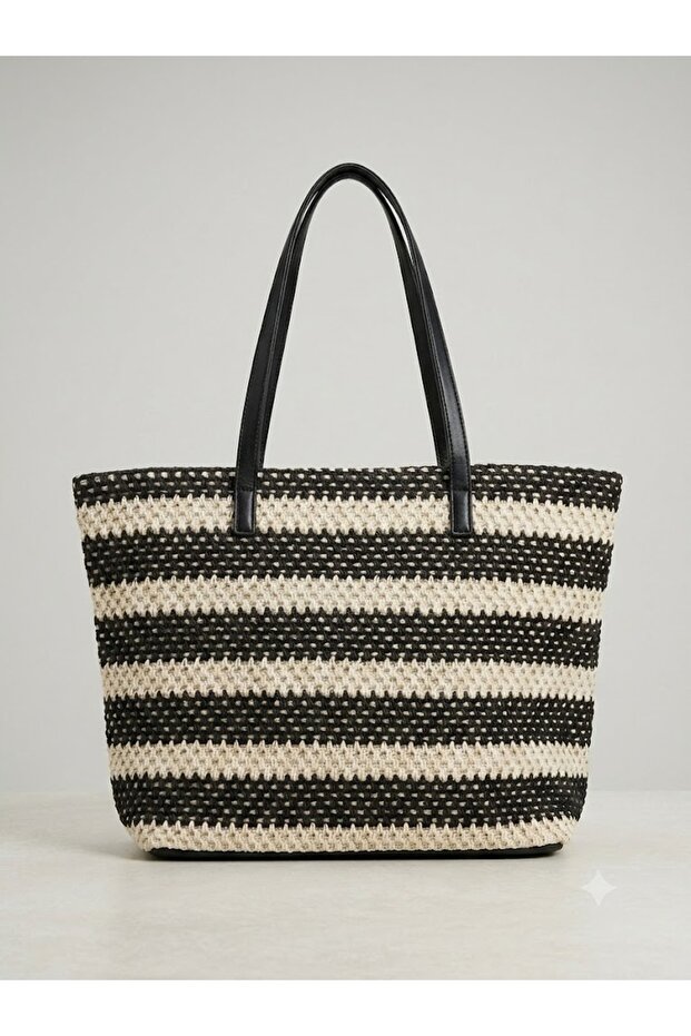 Hebe Striped Straw Look Large Volume Shopper Beach and Daily Shoulder Bag